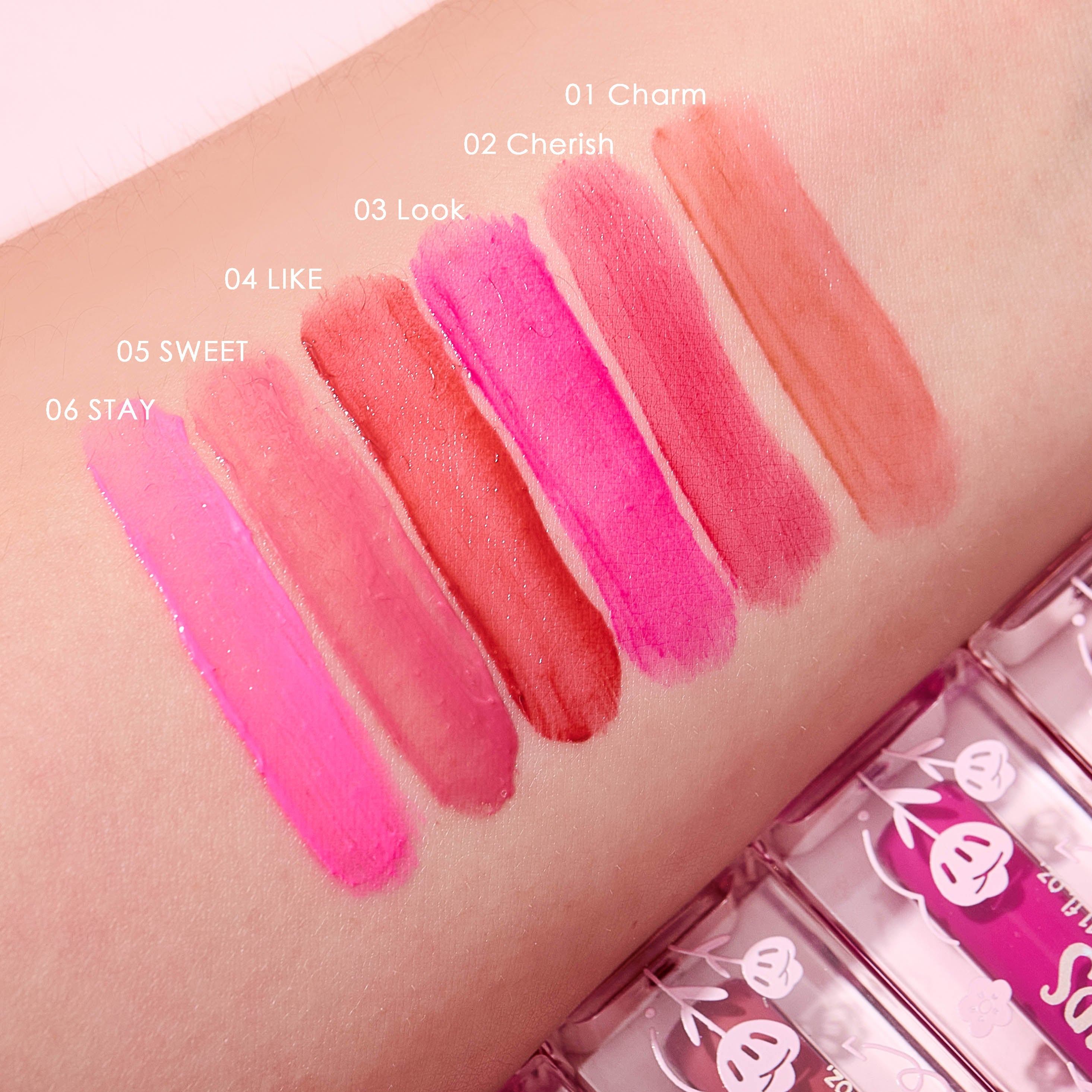 Swatches del labial líquido luminoso ULTRAMO V2347 en seis tonos